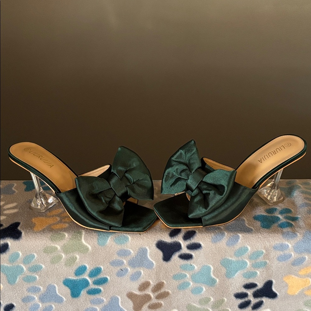 Emerald Satin Bow Mule with Clear Heel
